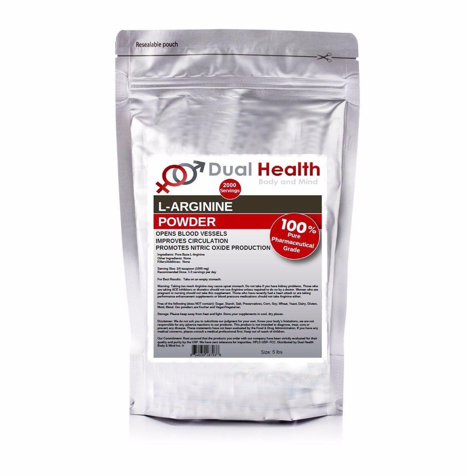 L-ARGININE (5 lbs) Free Form Base Powder Kosher Pharmaceutical Grade