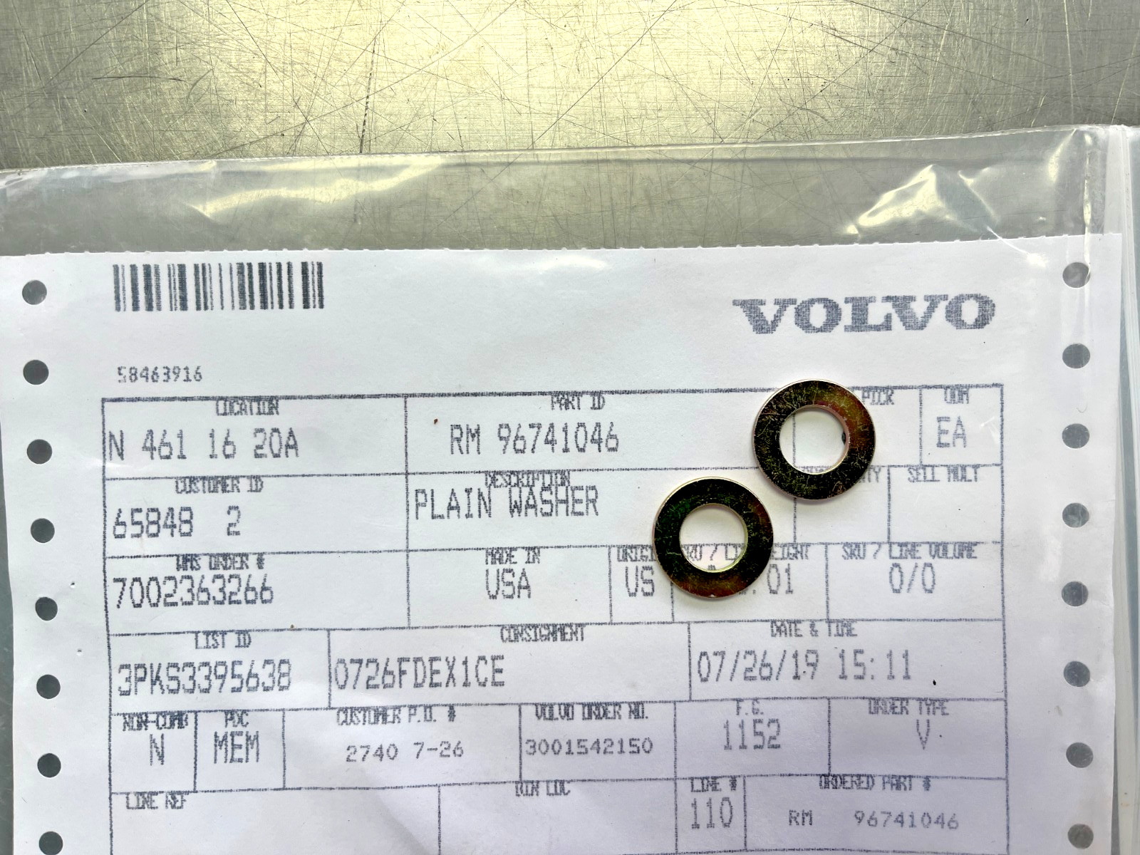 96741046  OEM  Volvo   Plain WASHER  QTY of 2   Ingersoll Rand  RM96741046