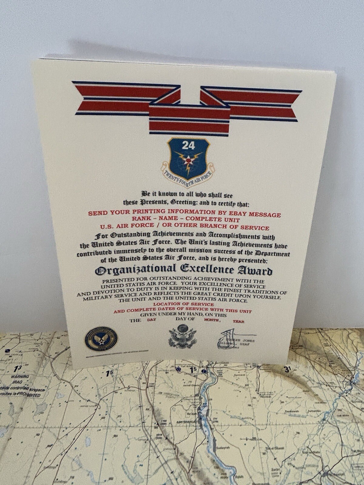 U.S. AIR FORCE / 24TH AIR FORCE - ORGANIZATIONAL EXCELLENCE AWARD CERTIFICATE