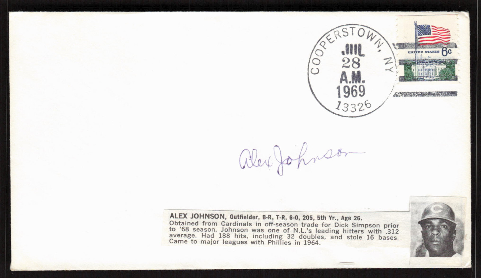 Alex Johnson Signed Baseball Postal Envelope Cincinnati Reds Autograph