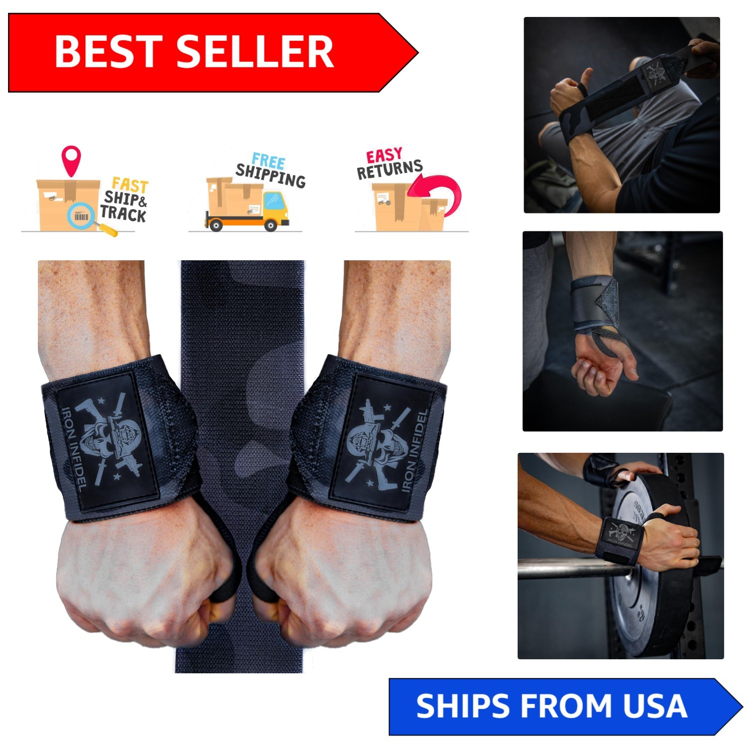 Durable Black Camo Wrist Wraps - Adjustable Support for Weightlifting & CrossFit