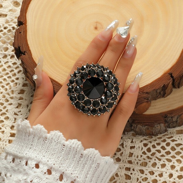 Womens Ring Round Crystal Black Ring Big Large Resizable Adjustable Gemstone