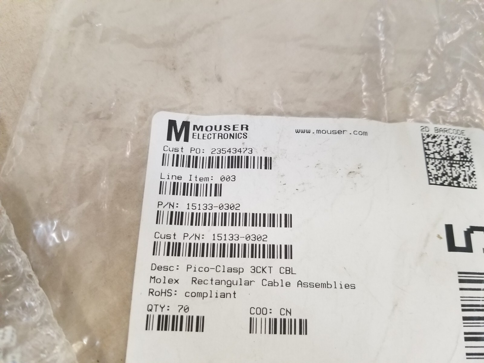 Rectangular Cable Assemblies Pico-Clasp 3CKT CBL ASSY SR 150MM WHITE 70/QTY