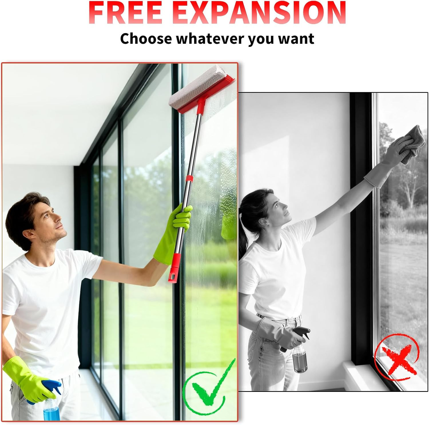 Window Squeegee with 18.5"-28.5" Retractable Handle, 2-In-1 Squeegee for Window