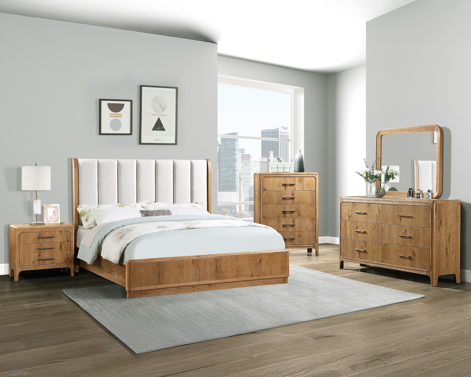 Rich Natural Wood Finish 5pc Queen Bed Set Beige Upholstered Headboard Furniture