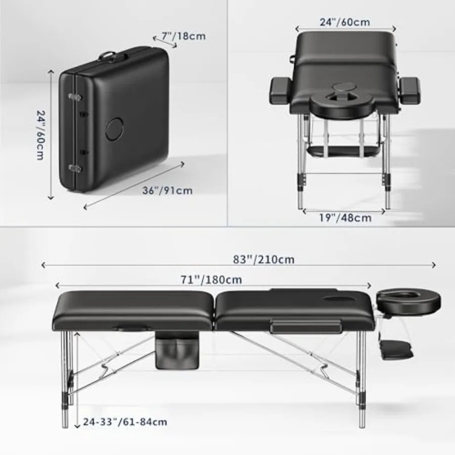 Massage Table Portable 2-Fold Lash Bed with Side Pocket Adjustable Height Sturdy