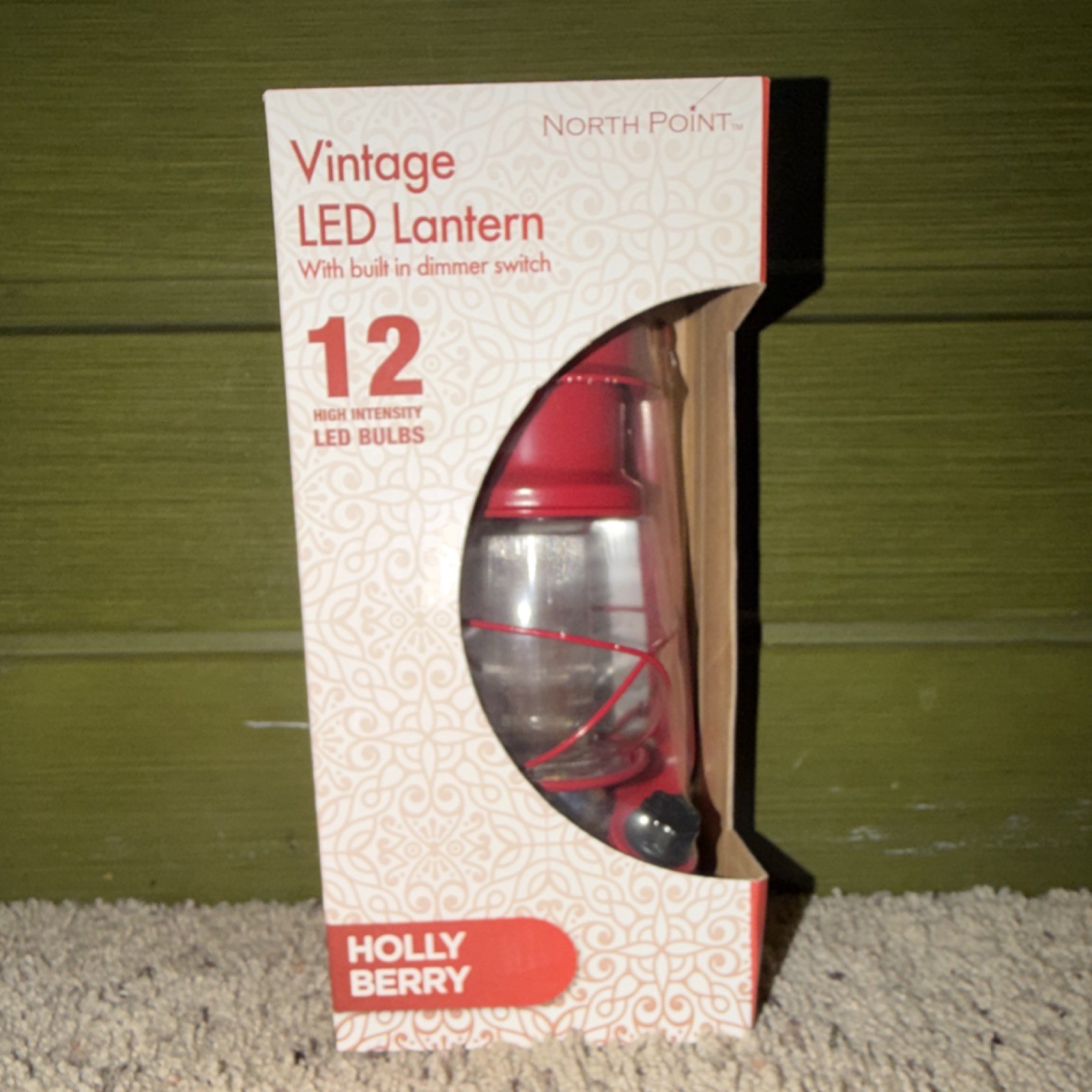 North Point Holly Berry Vintage Red LED Lantern 12 LEDs Built-In Dimmer Switch
