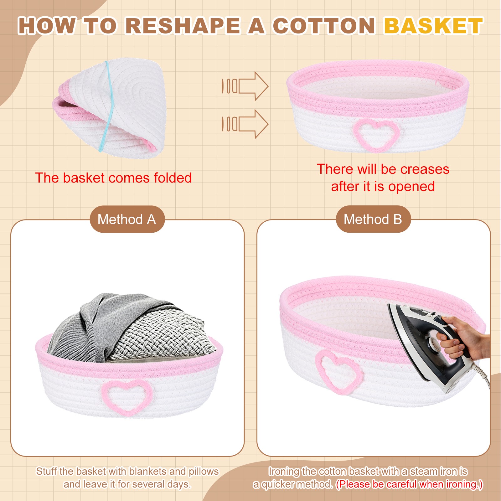 Rectangular Rope Basket 10x5.9x3.1Inch Small Woven Baskets Pink/White,