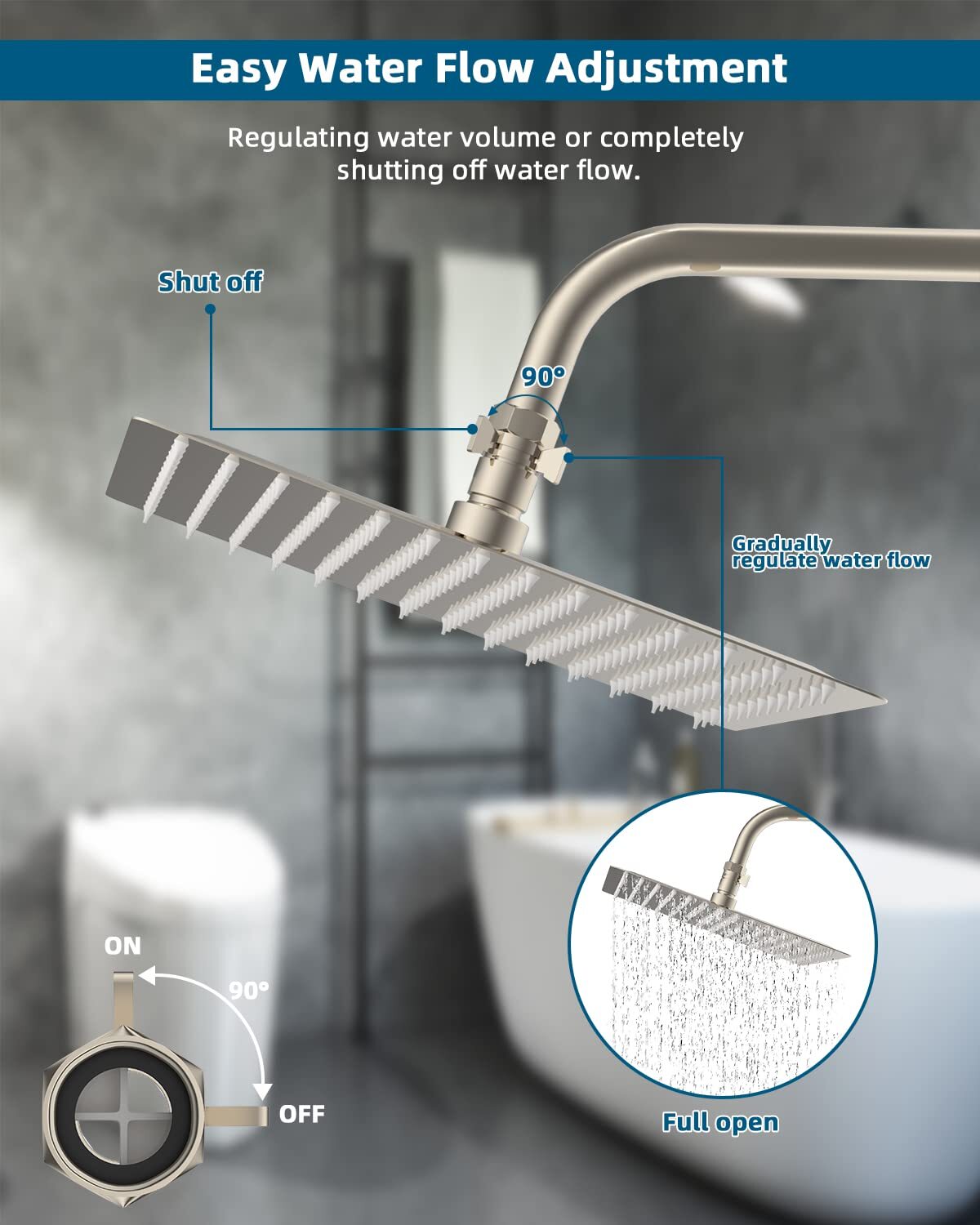 All Metal Shower Head Flow Control Valve G1/2 Brass Shut-off Valve with Handle