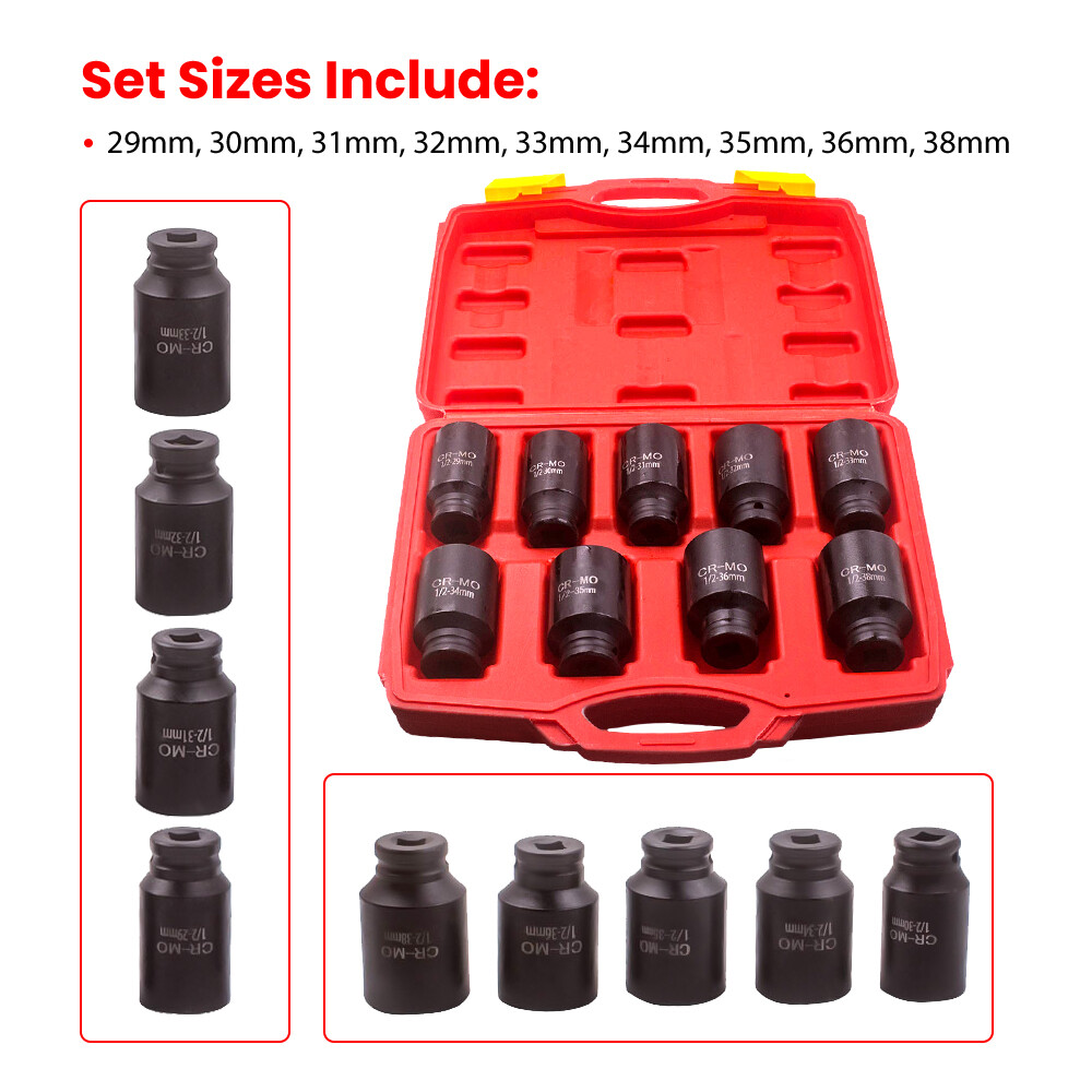 Deep Impact Socket Kit 1/2" Drive Metric Axle Hub Nut Socket 29mm-38mm Set