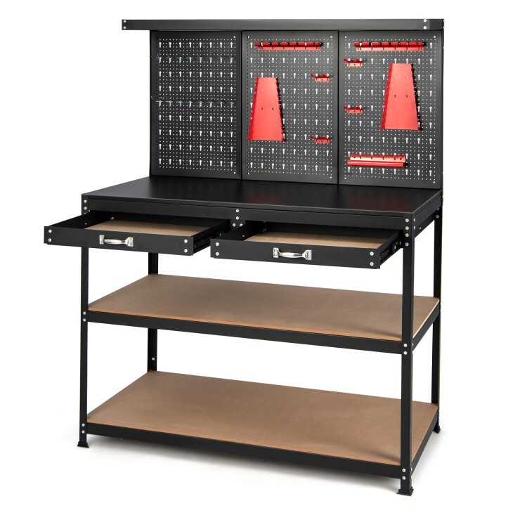 Workbench Multi Purpose Garage Wood Work Table Tool Organizer w/Drawers & Hooks
