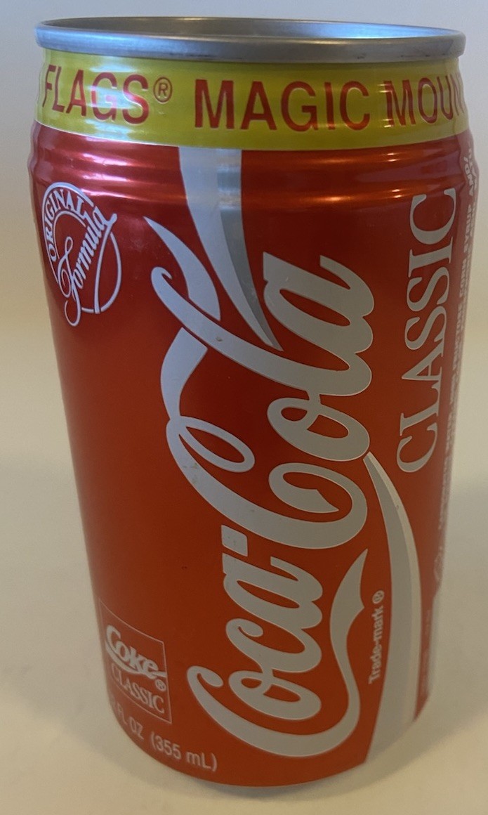 12 oz. COKE CAN ( SIX FLAGS- MAGIC MOUNTAIN, BATMAN ) EMPTY BOTTOM OPENED