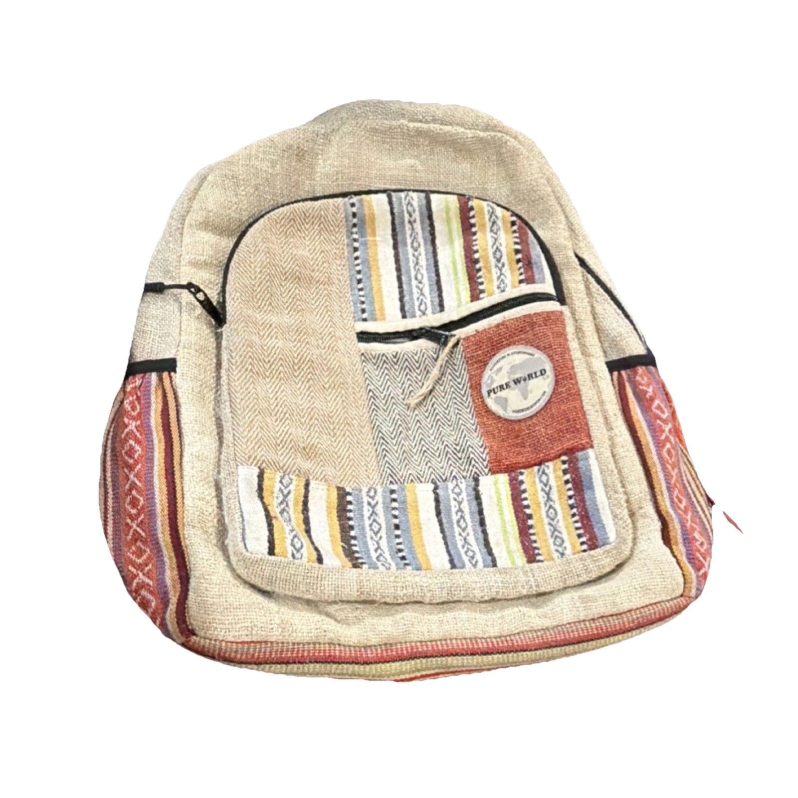 Pure World Patchwork Fabric Hiking Backpack Multicolor Zip External Pockets