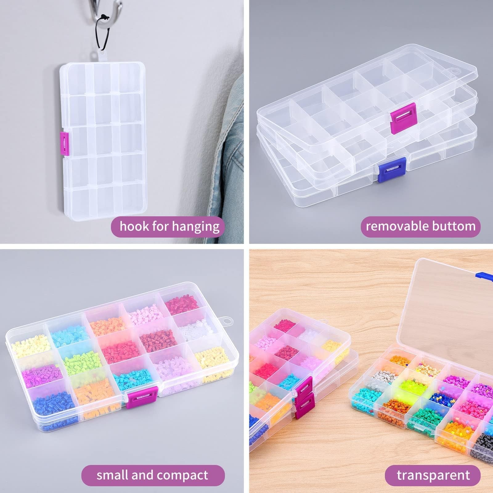 15 Girds Bead Organizer(4 Pack), Earring Organizer Box, SMALL Plastic Clear