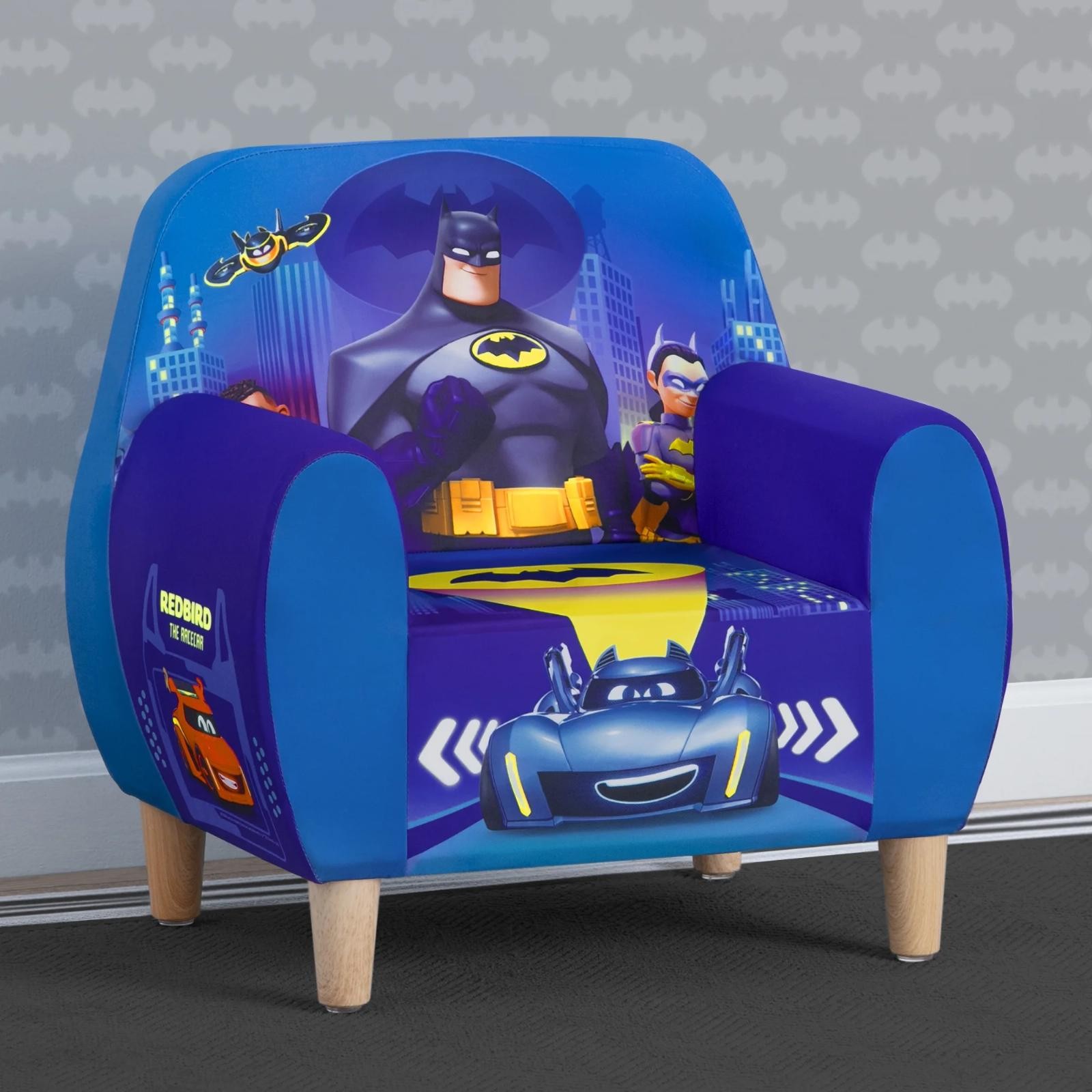 Kids Batman Batwheels Blue Upholstered Chair Toddler Foam Armchair Wood Frame