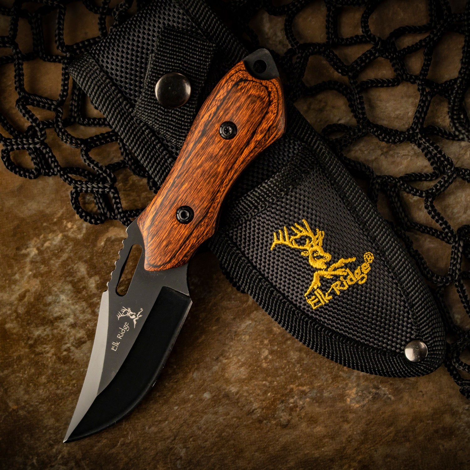6.25" Elk Ridge Fixed Blade Full Tang Knife w/Wood Handle and Leather Sheath