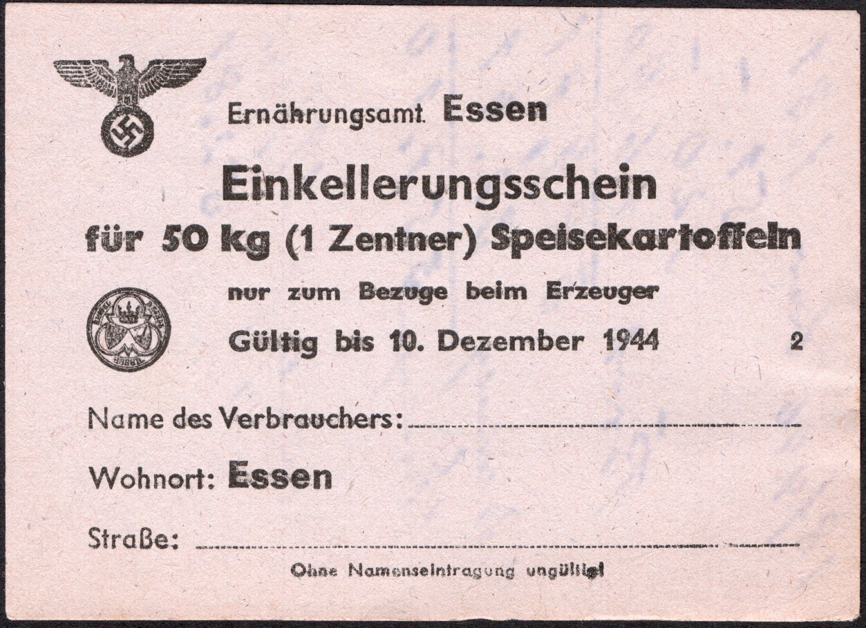 Original German food coupon for 50kg bag of potatoes 1944 - ESSEN - #A32a-074