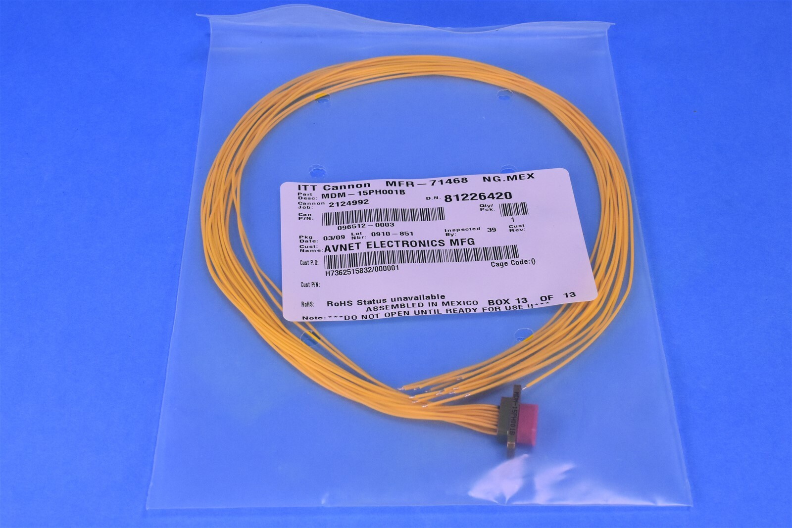 ITT Cannon Micro Connector mini D-Sub 15 Position Pigtail 600V @ 3A MDM-15PH001B