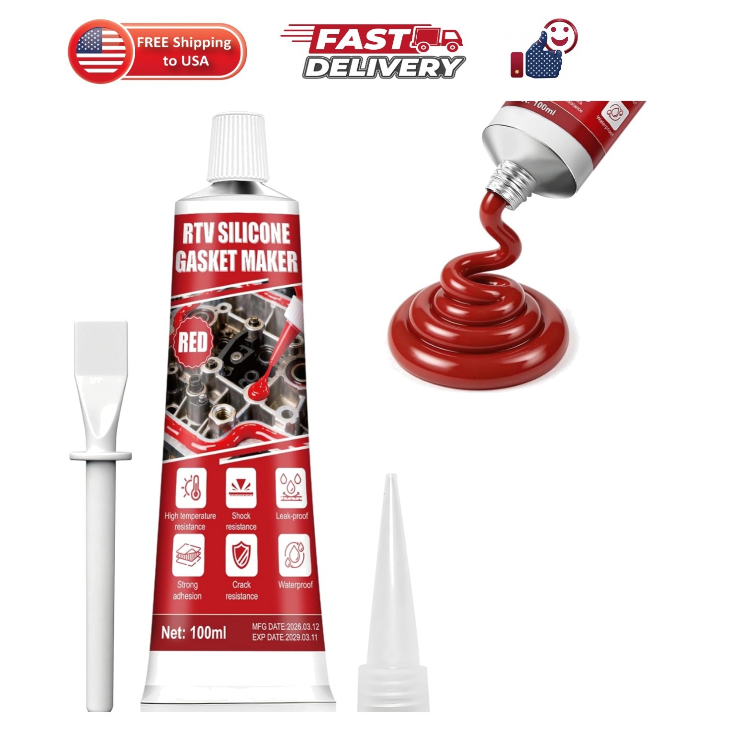 Red RTV Gasket Maker High Temp Resistant Shockproof Leak Proof | High Temp RT...