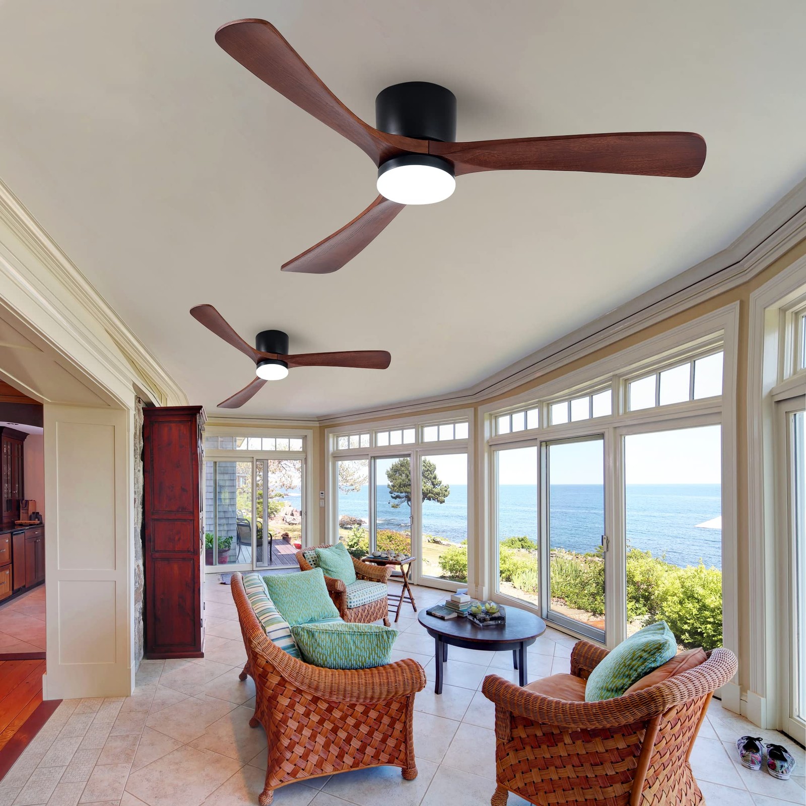 52" Flush Mount Ceiling Fan with Lights Remote Control, 3 Blades Wood Ceiling...