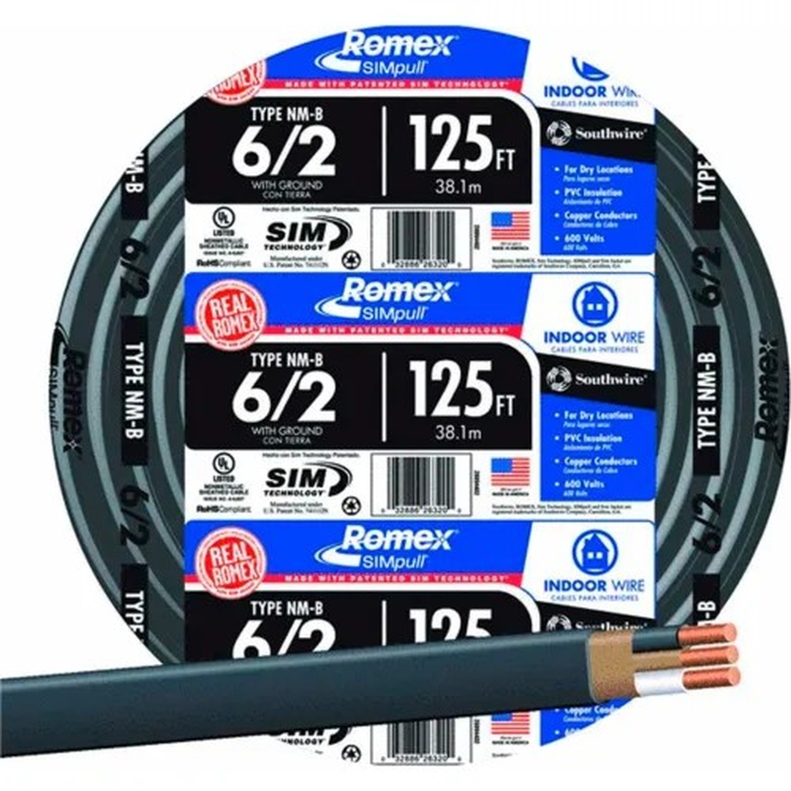 Southwire 28894402 Romex SIMpull ? Cable with Ground, Black, 6/2 Awg, 125 ft