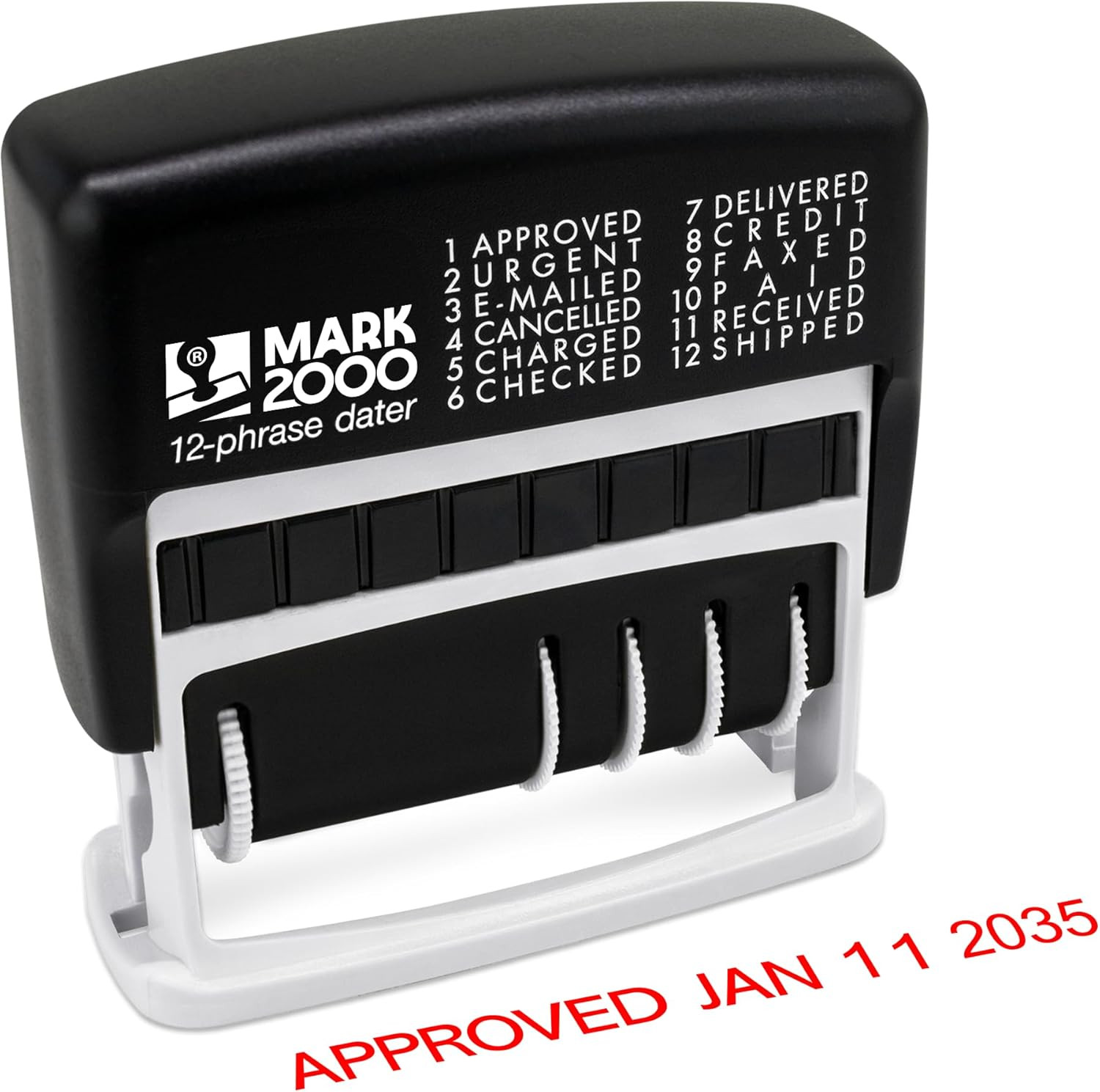 12-Phrase Dater - Date & Phrase Self-Inking Stamp - Red Ink