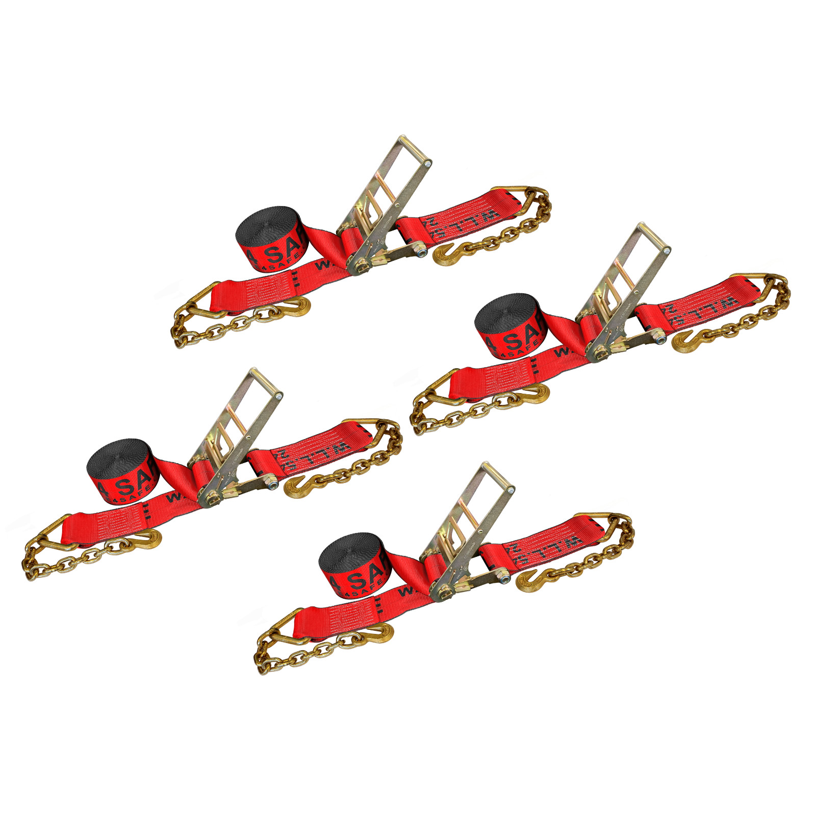 4 Pack USA 4" x 30' Ratchet Strap W/ Chain Extension Flatbed Truck Tie Down Red