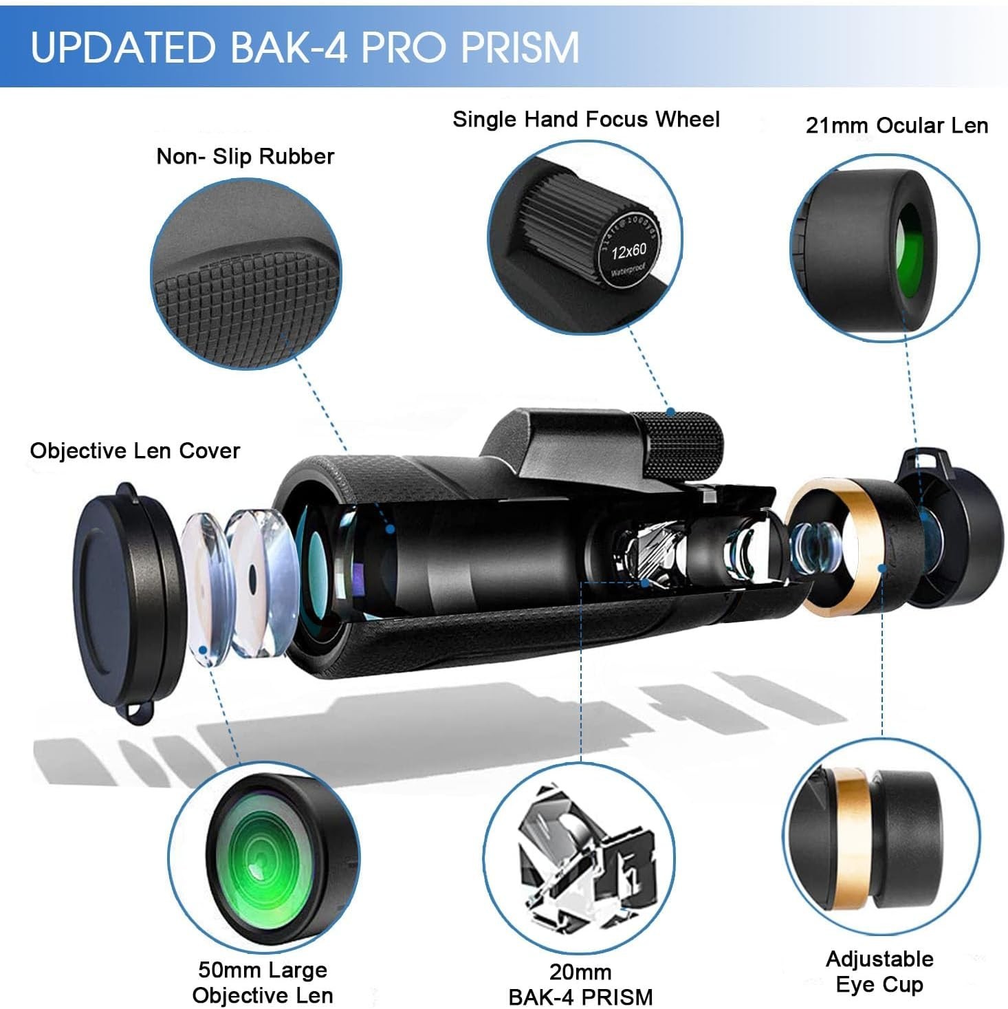 12x60 High Definition Monocular Telescope with Smartphone Adapter High Powered