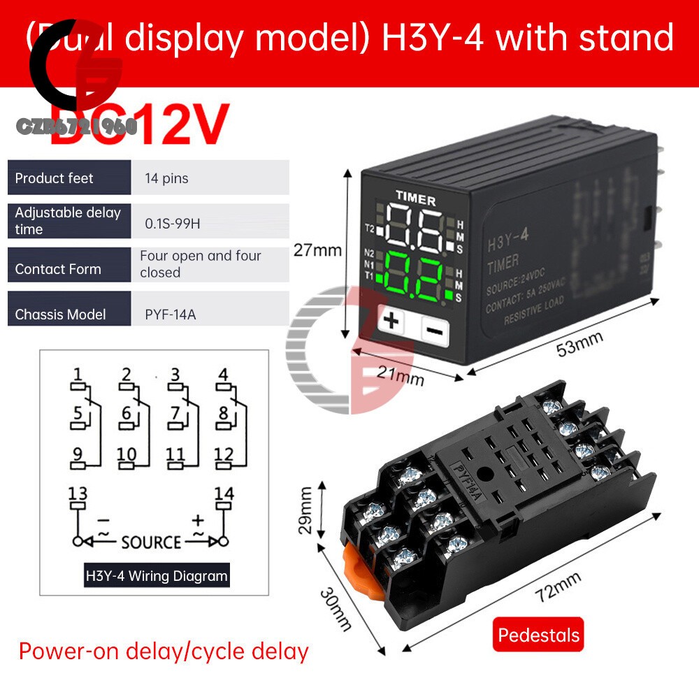 H3Y-4 Cycle Time Delay Relay AC220V DC24V 12V Digital Display Dual Time w/ Base