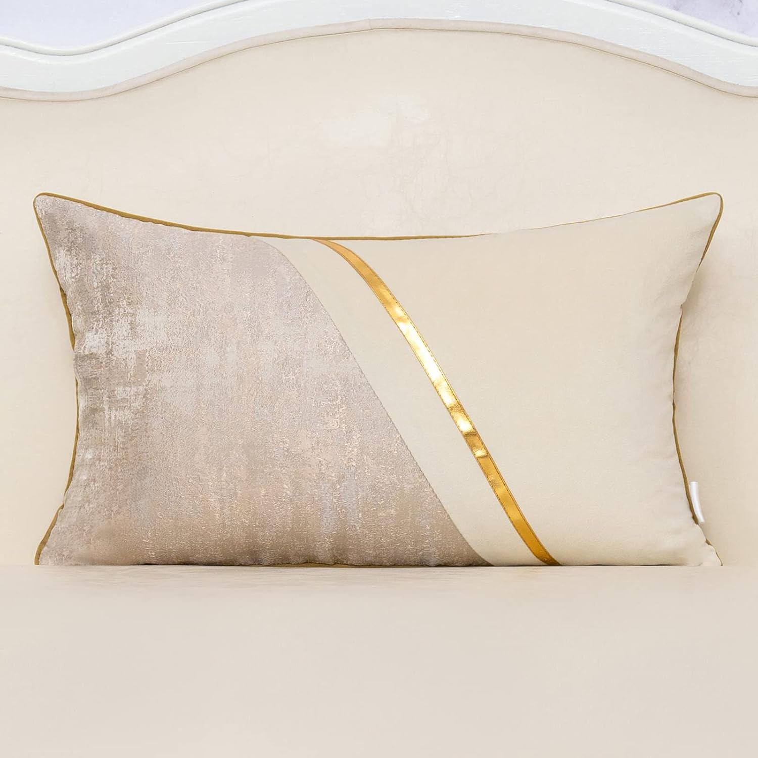 12 x 20 Inch Off White Beige Gold Leather Patchwork Velvet & Polyester Cushion C