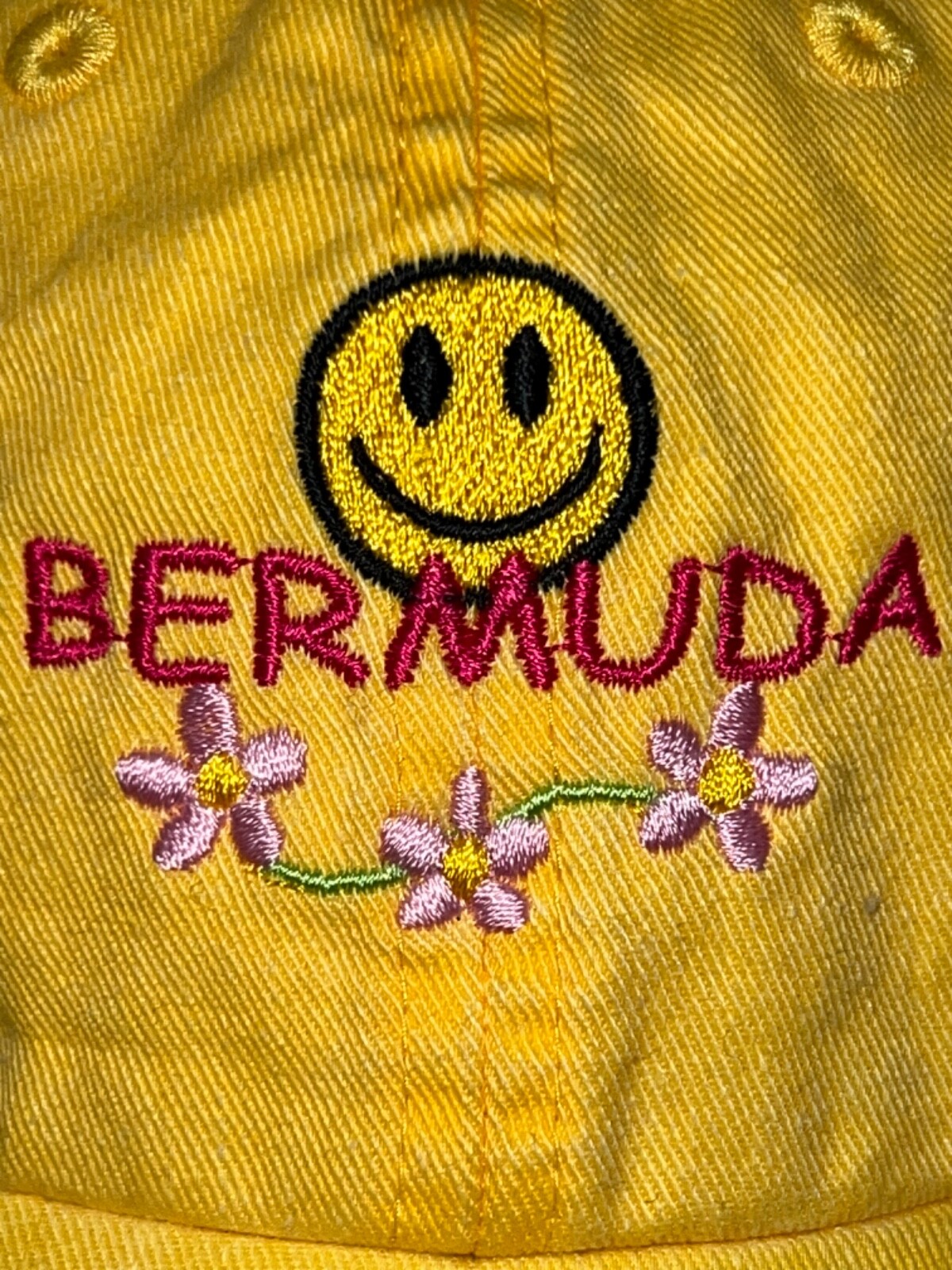 Bermuda Gold Small Hat Cap Hook Loop with Smiley Face, flowers embroidered front