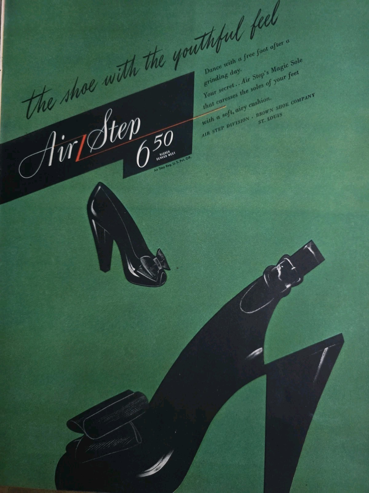 1944 Women's Air Step Black Patent High Heel Shoes Vintage fashion  Ad