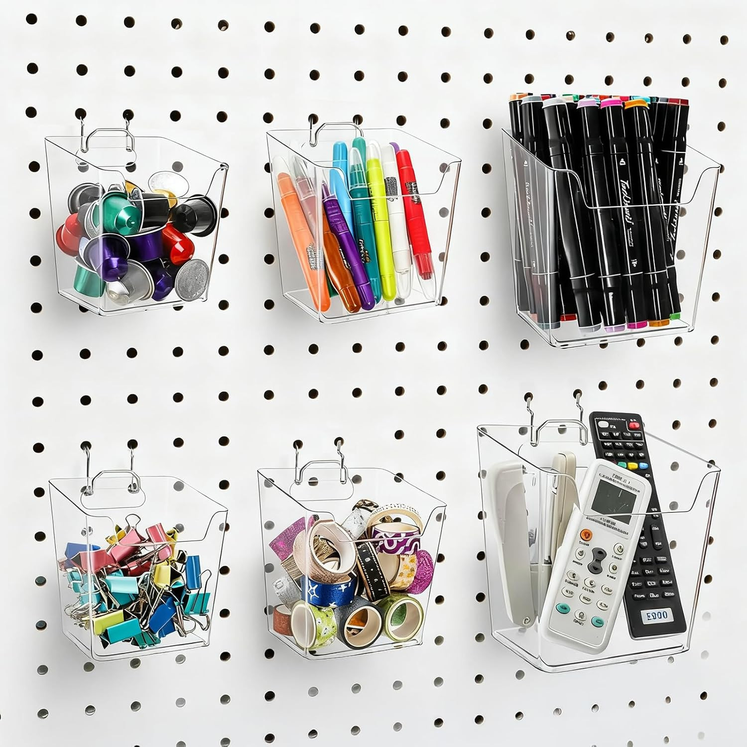6 Pack Clear Pegboard Cups with Hooks Plastic Peg Board Bins Pegboard Organizer