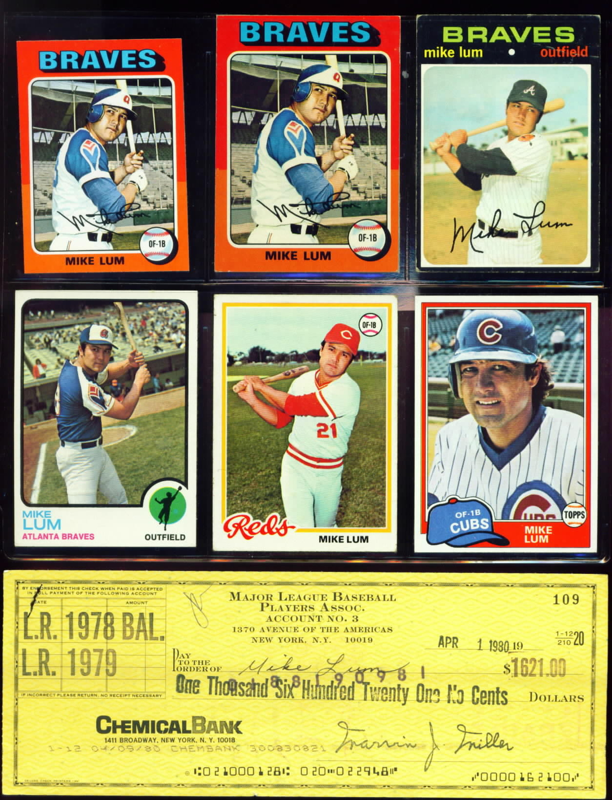 MIKE LUM Braves signed '80 MLBPA strike check + 12 Different Mike Lum cards