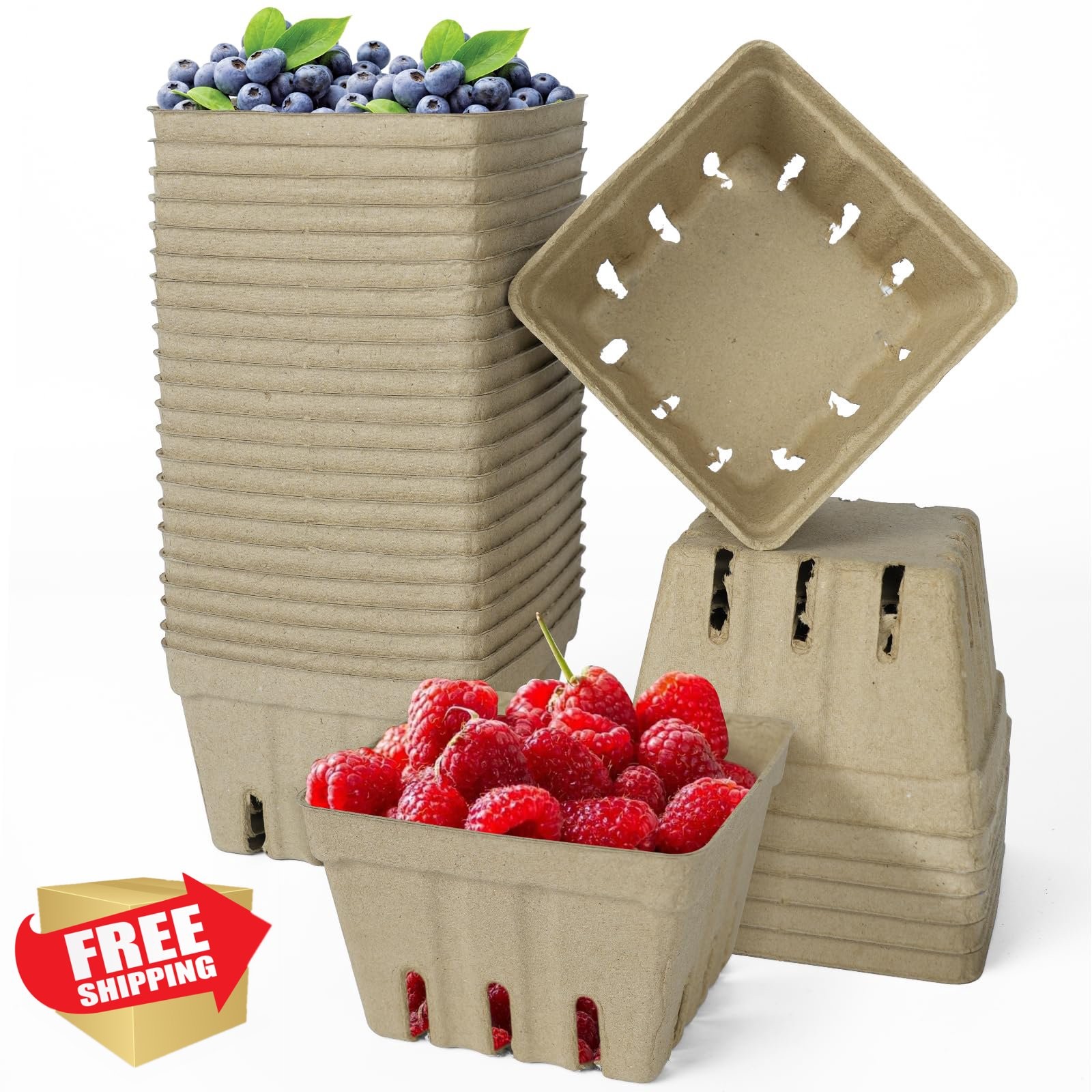 30 Berry Baskets, Natural Pulp Fiber, Molded Produce Container
