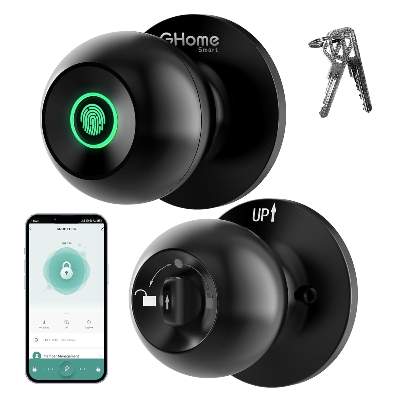 GHome Smart Fingerprint Door Lock, 3 in 1 Knob Black