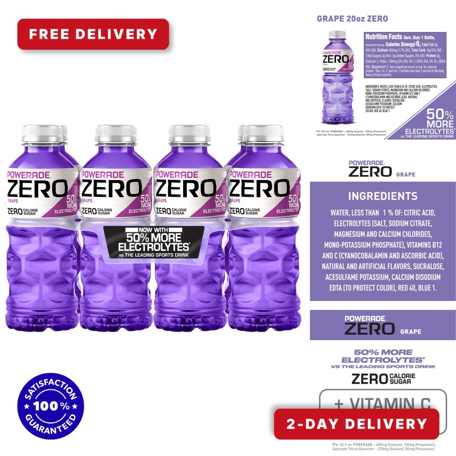 POWERADE Zero Sugar Grape Electrolyte Sports Drink 20 oz 8 Pack