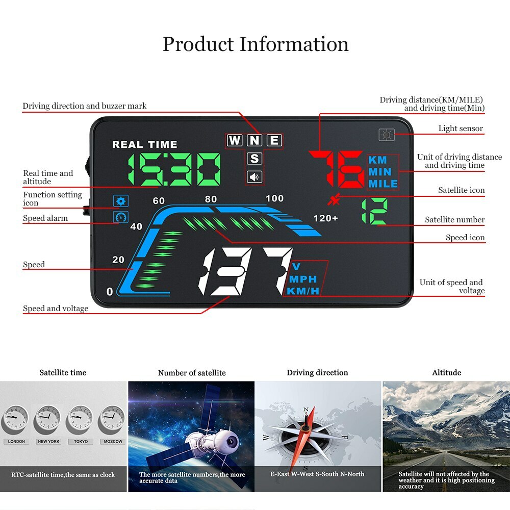 AutoCar HUD GPS Head Up Display Speedometer Overspeed Alarm Windshield Projector