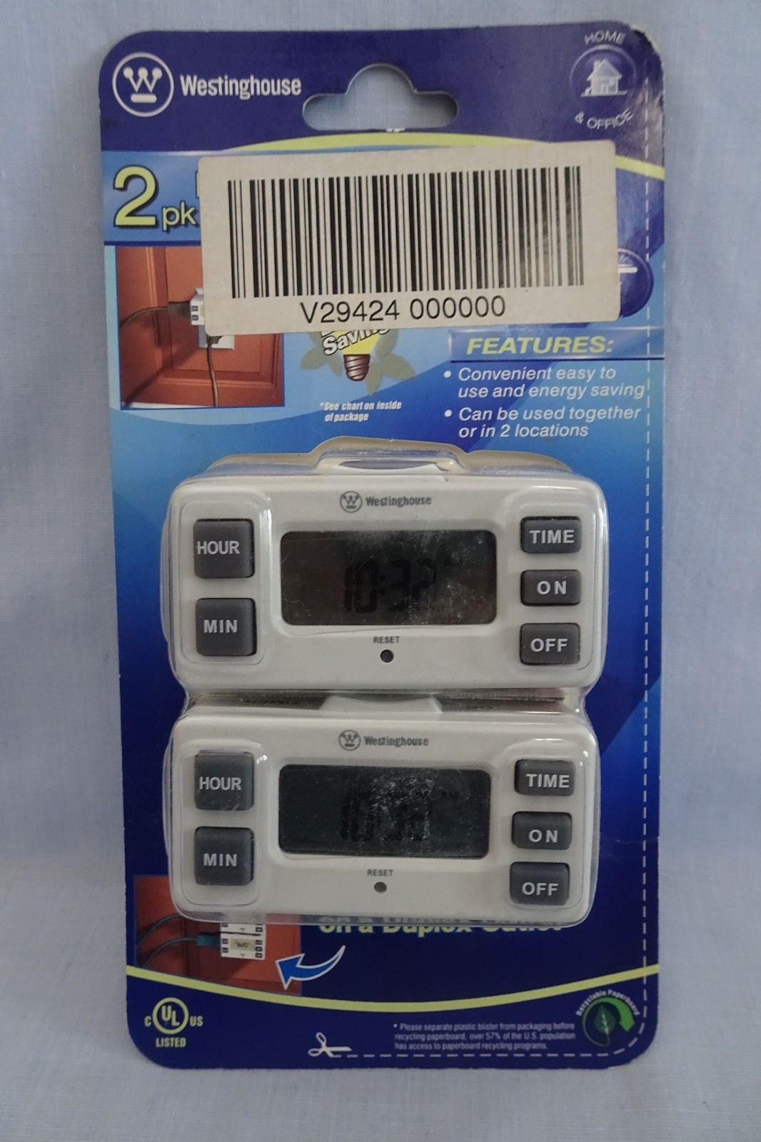 Westinghouse 2-Pk Indoor Digital Bar Timer Model TM213 UL Rated duplex outlet