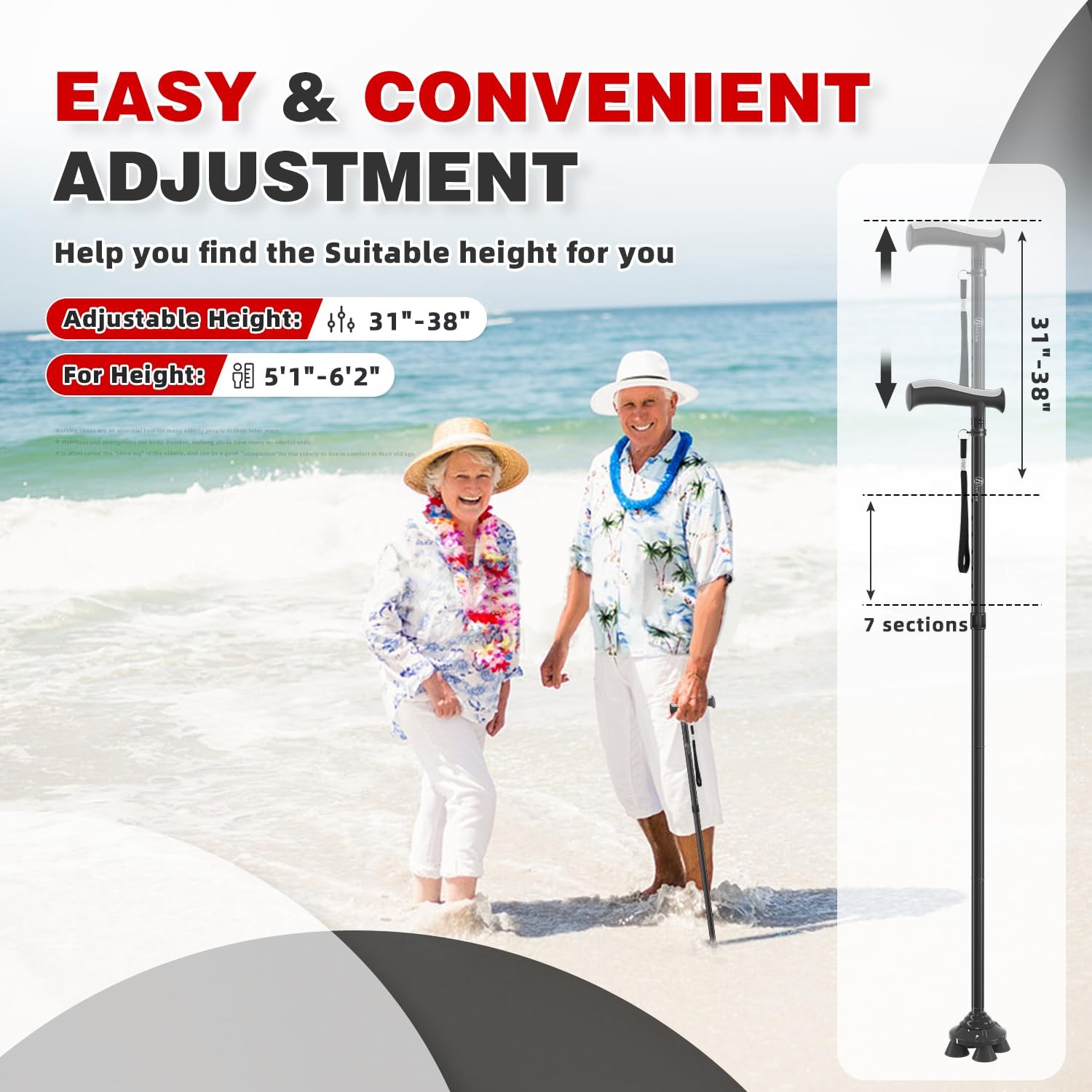 Walking Cane Quad Adjustable 31-38" Height Lightweight Folding - Ideal