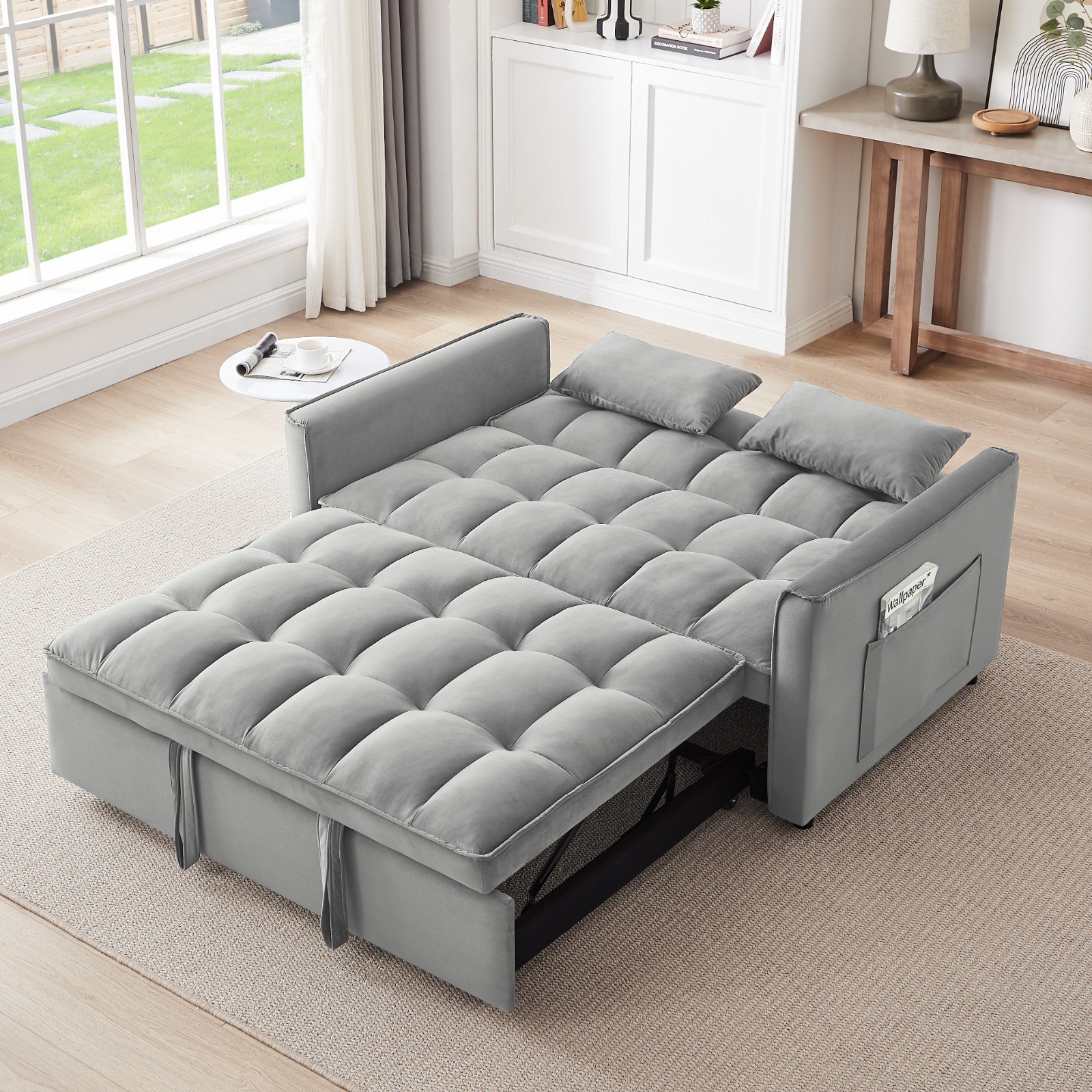 3 in 1 Convertible Sleeper Sofa Bed Velvet Loveseat Pull Out Sofa Bed Couch Gray