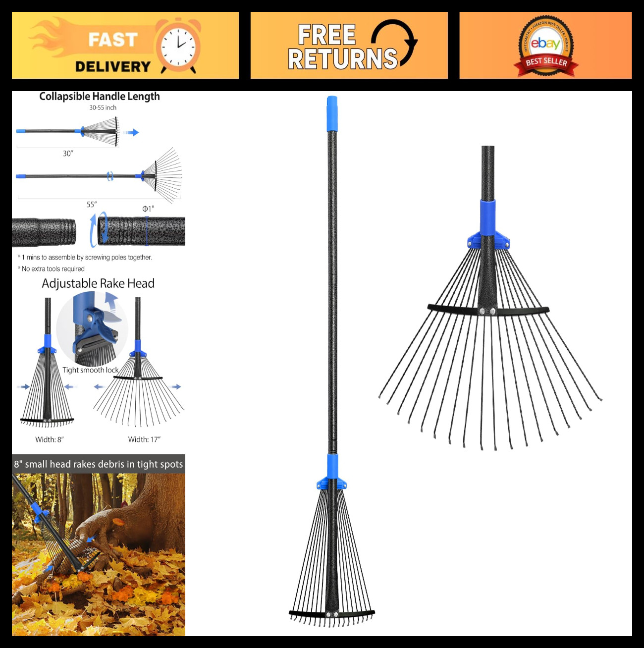 Adjustable Metal Leaf Rake with Long Handle - Heavy Duty Expandable Garden Rake