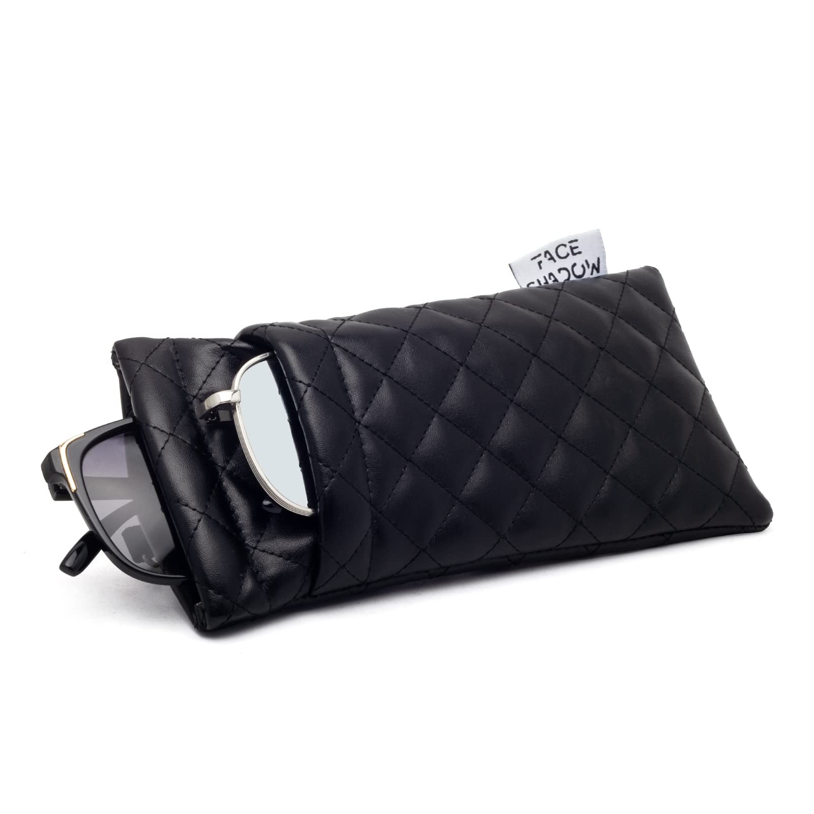 Face Shadow Double Eyeglasses Pouch Large Squeeze Top Medium, Pu Black