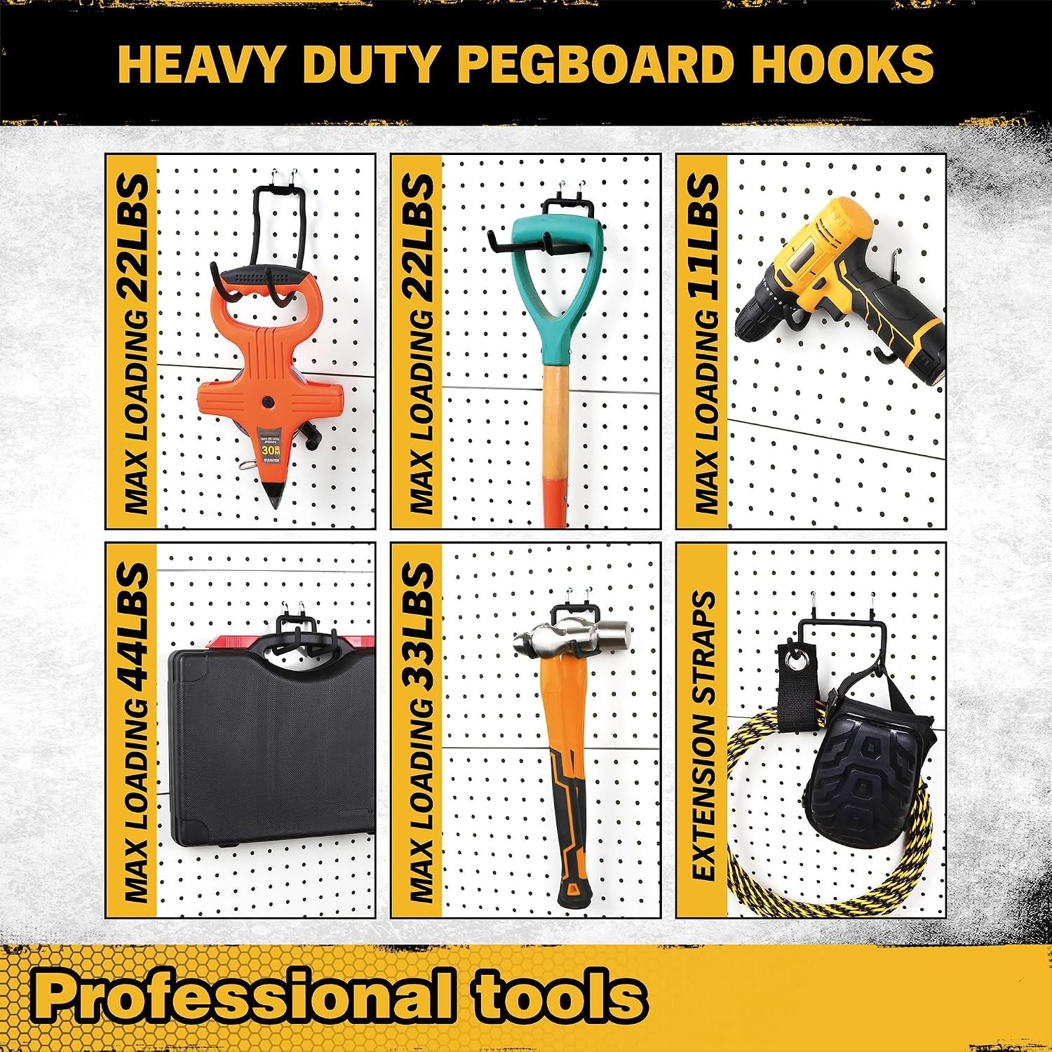 12-Piece Pegboard Hooks with Extension Straps, Heavy Duty Organizer Pegboard ...