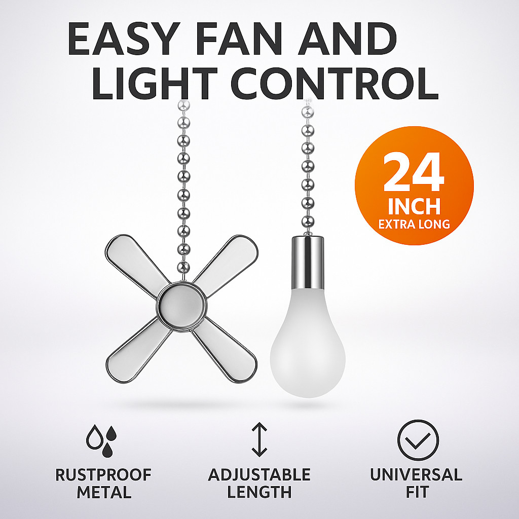 Ceiling Fan Pull Chain Set 24" Light & Fan Cord Extension Decorative Nickel