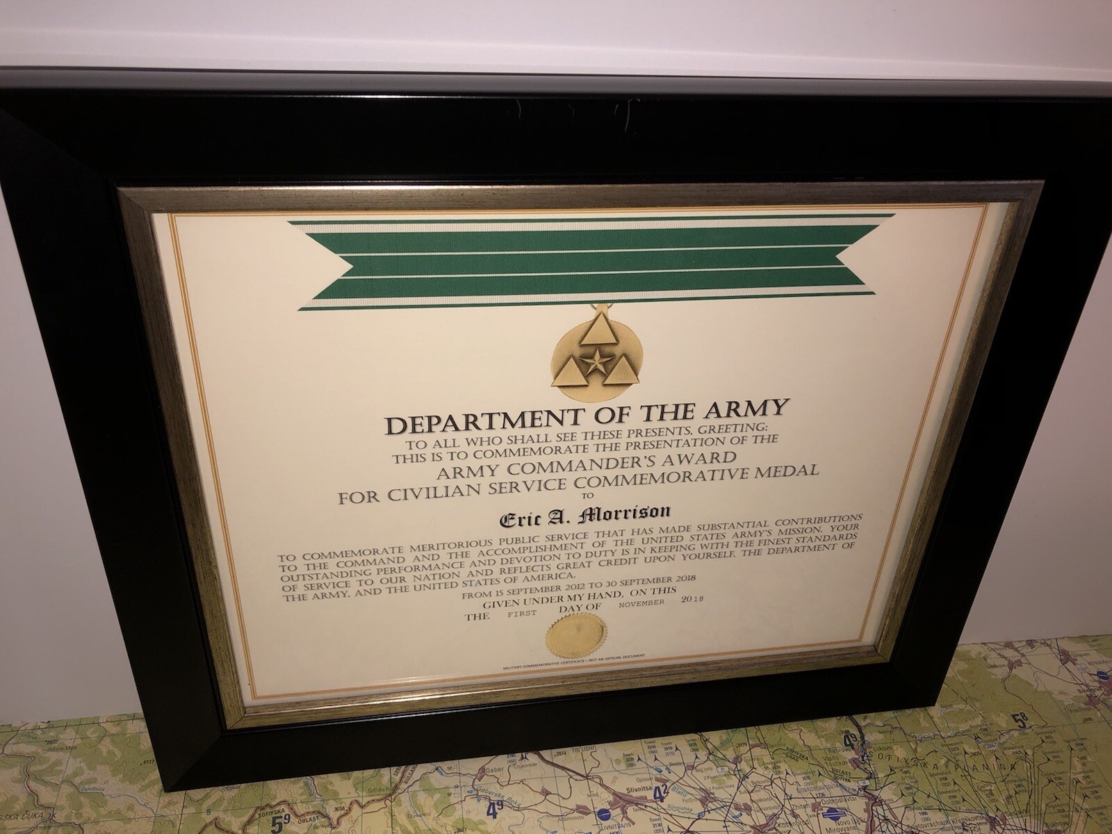 ARMY COMMANDER'S AWARD FOR CIVILIAN SERVICE COMMEMORATIVE CERTIFICATE ~ Type-1