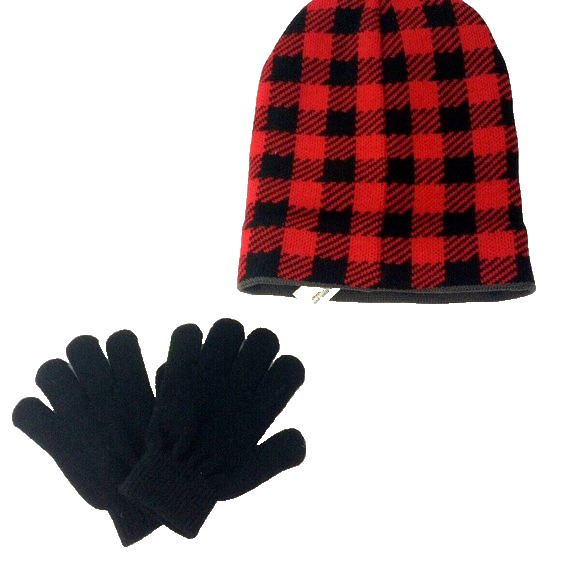 Boy's PLAID SKI MONSTER Hat Cap & Mitten (4-7 Years).