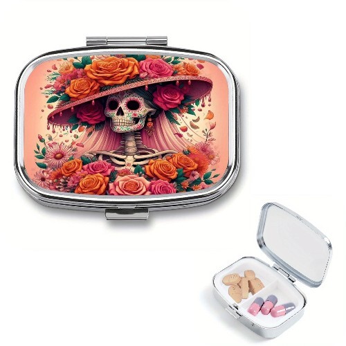 Skeleton Bride Pattern Metal Pill Box 2-Compartment Portable Medicine Organizer
