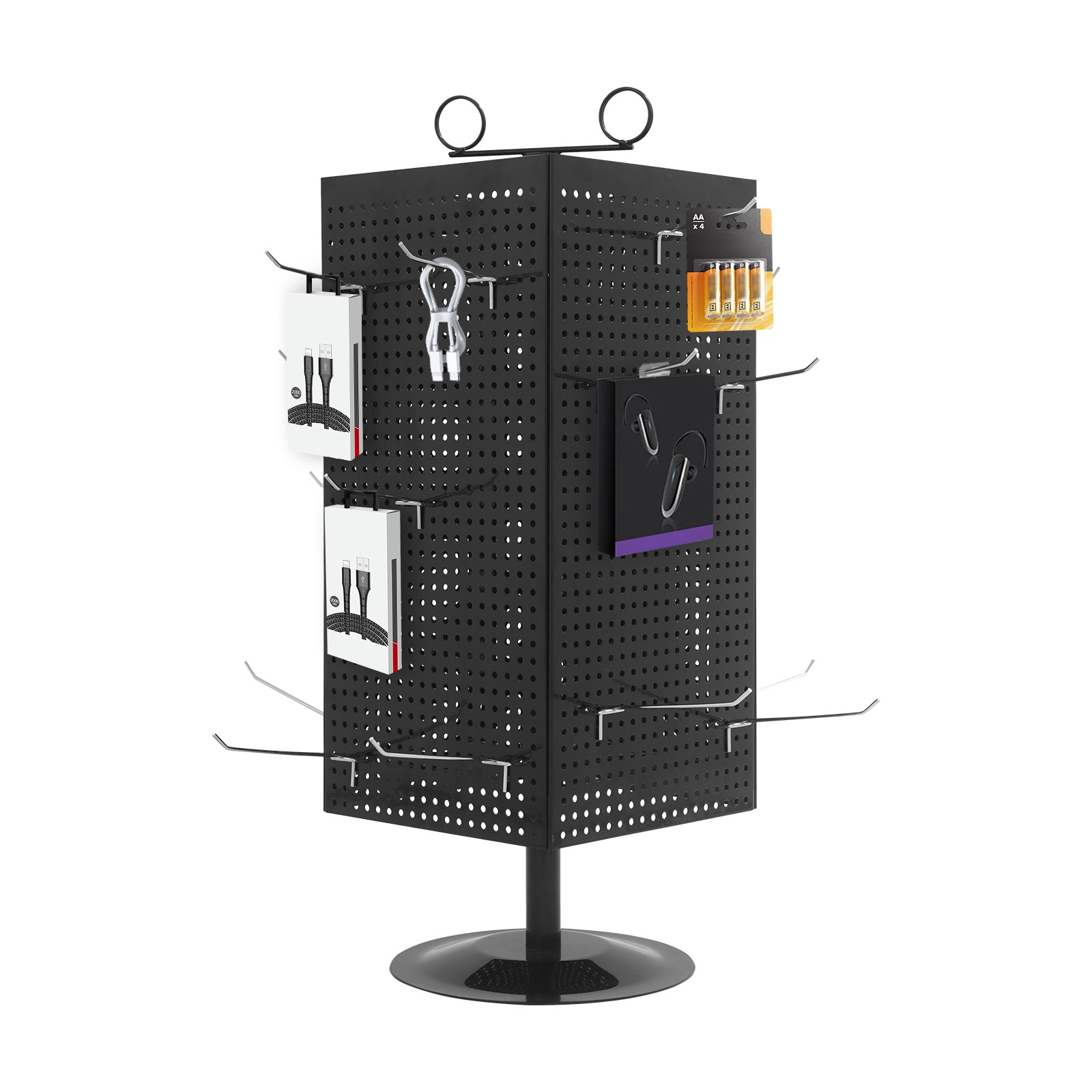 4-sided Black Revolving Display Stand Perforated Panel Display Stand Pegboard