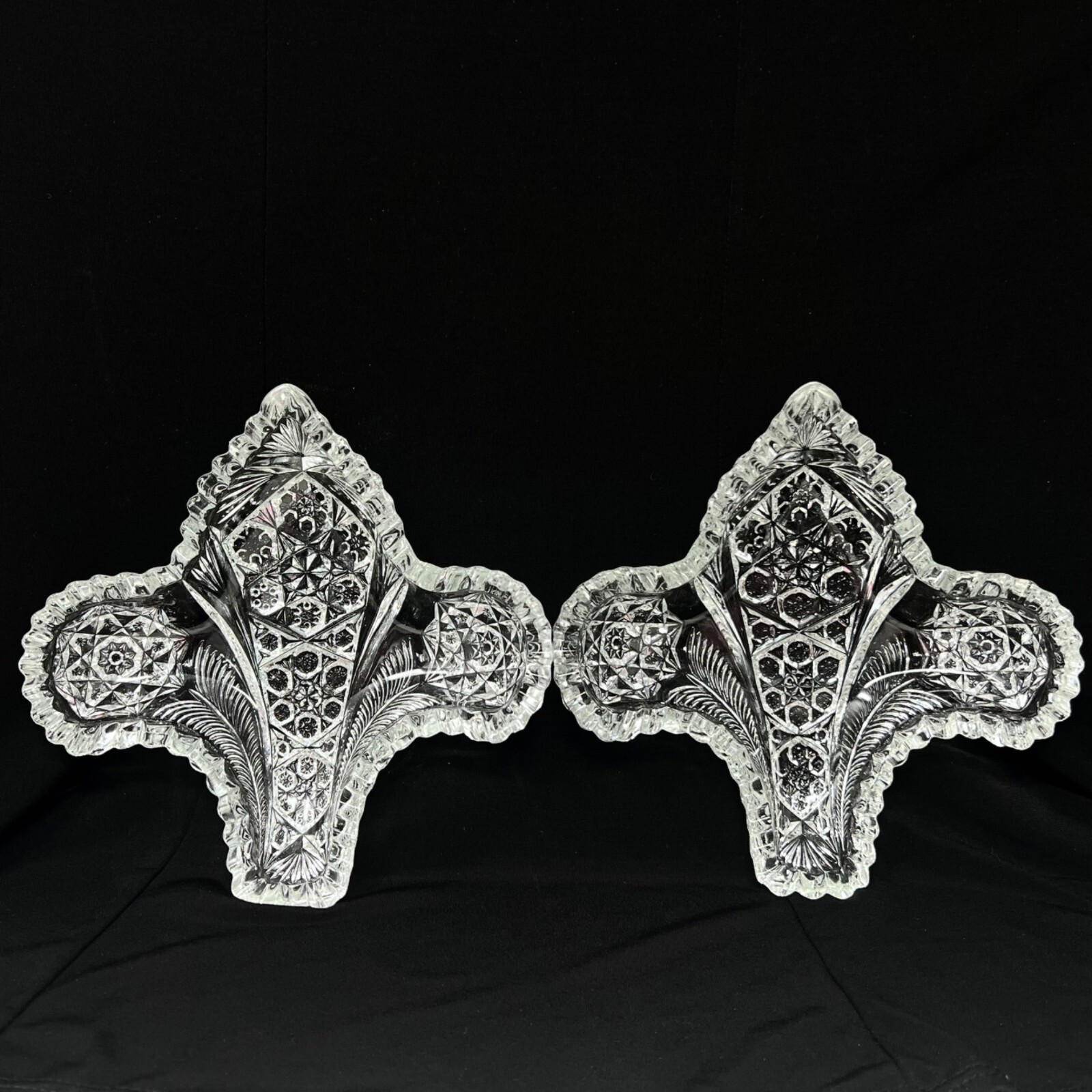 McKee Fleur De Lis Sawtooth Candle Nut Dish Pair 2 Clear Vintage 7.5" Wide